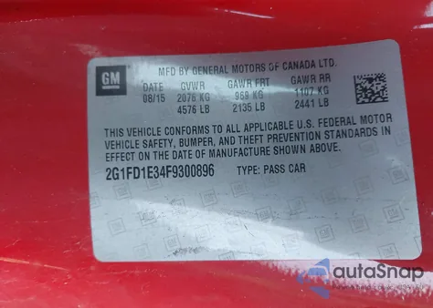 2015 Chevrolet Camaro 1Lt из США, поврежденный, VIN 2G1FD1E34F9300896